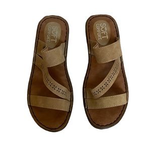 SOFT COMFORT Slide On Sandals in Tan with Detailed Cut Outs